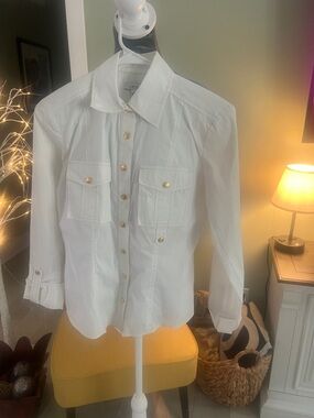 Cache White Button-Front Utility Shirt with Gold Buttons